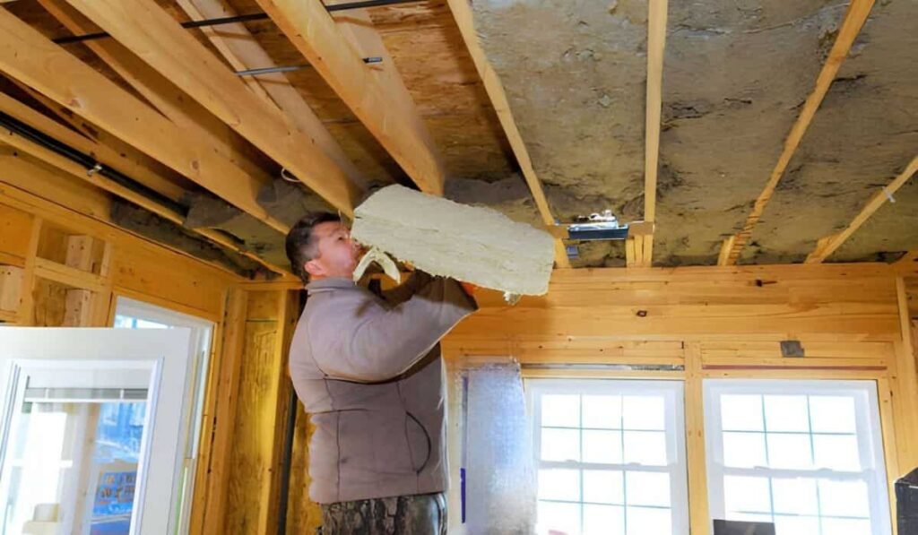 installs insulation material in a wooden house